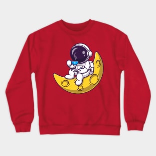 Cute Astronaut Drinking Coffee On The Moon Cartoon Crewneck Sweatshirt